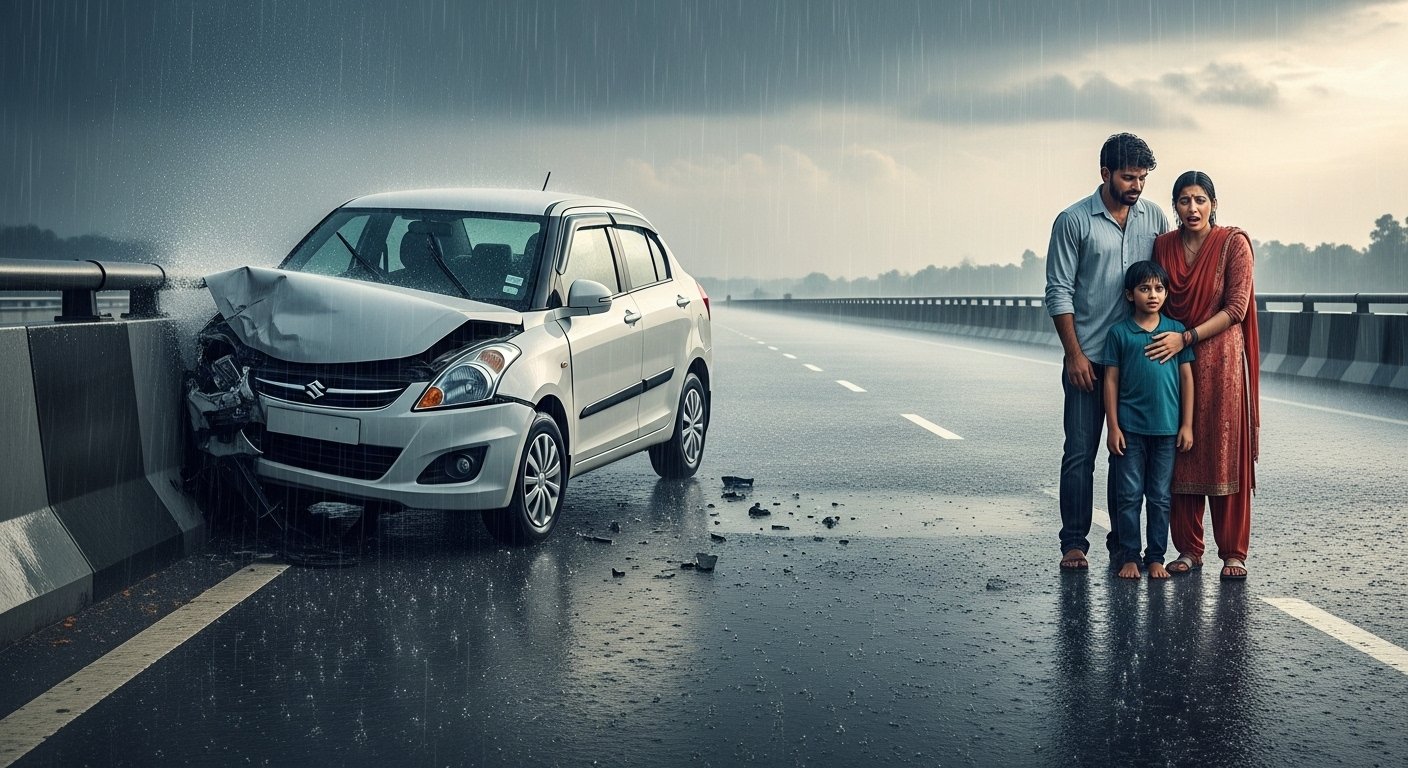 Heavy Rain Causes Accident on Lucknow Expressway: Car Hits Divider, Family Safe