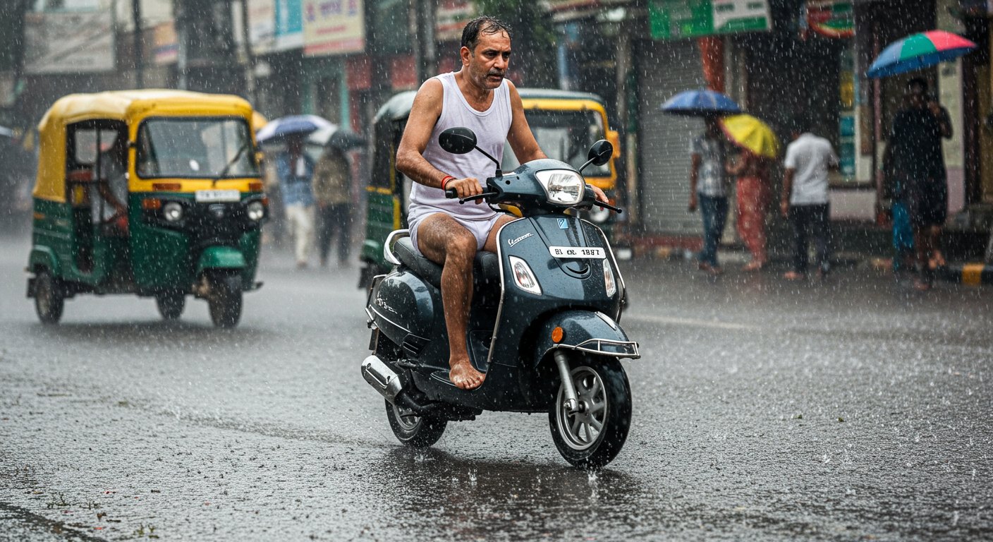 Unique Hack to Avoid Rain: Man Rides Scooter in Underwear and Vest, Video Goes Viral!