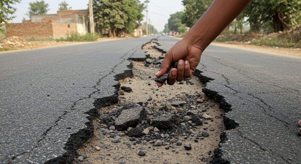 UP's Corruption Exposed: Multi-crore road disintegrates in 10 days, gravel comes loose by hand; Demand for strict action against contractor.