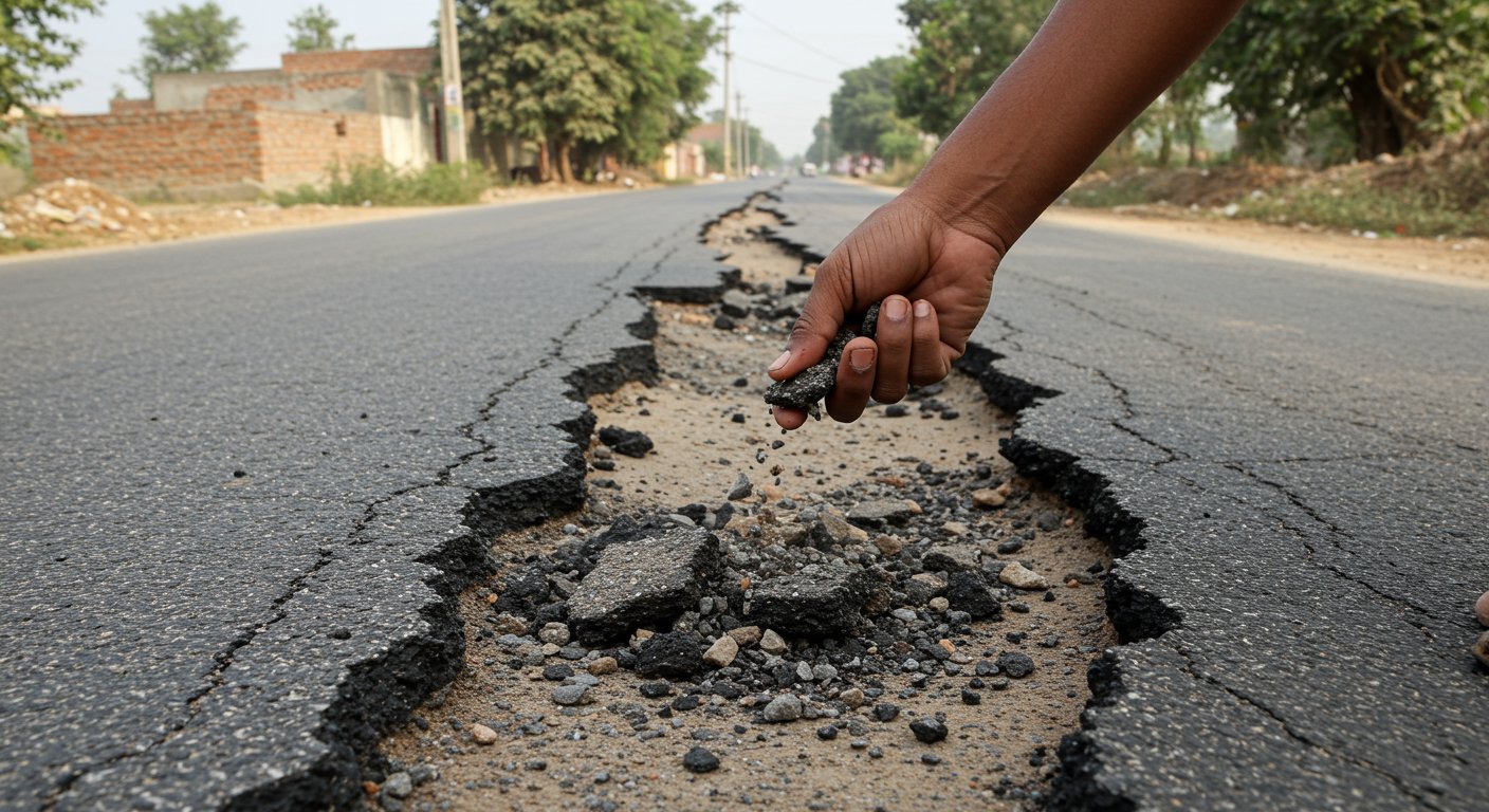 UP's Corruption Exposed: Multi-crore road disintegrates in 10 days, gravel comes loose by hand; Demand for strict action against contractor.
