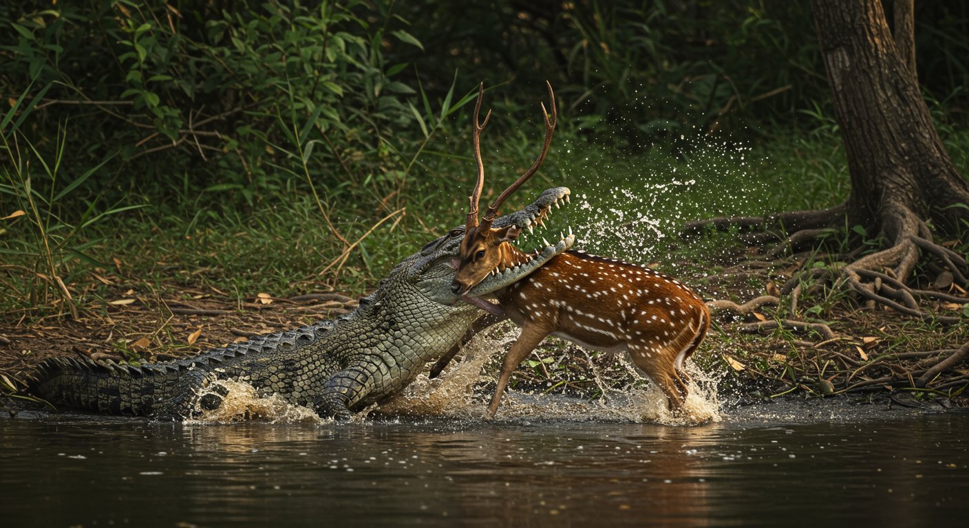 Crocodile makes horrifying hunt of deer drinking water by river, video leaves people stunned!
