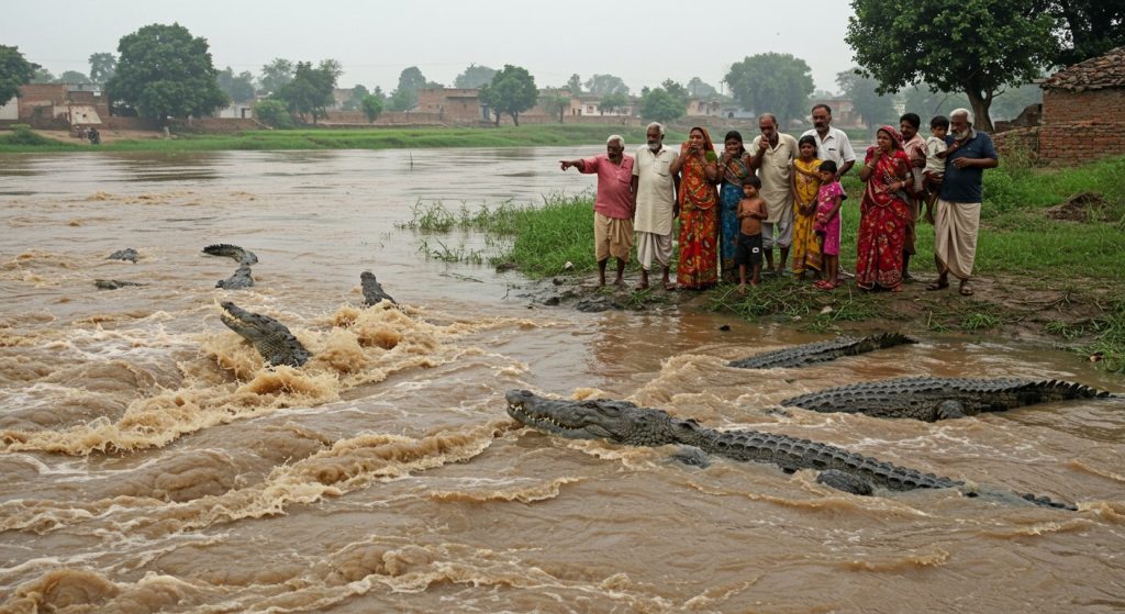 Fear in UP: Crocodiles carried by Yamuna-Chambal floods reached villages from Etawah to Bah!