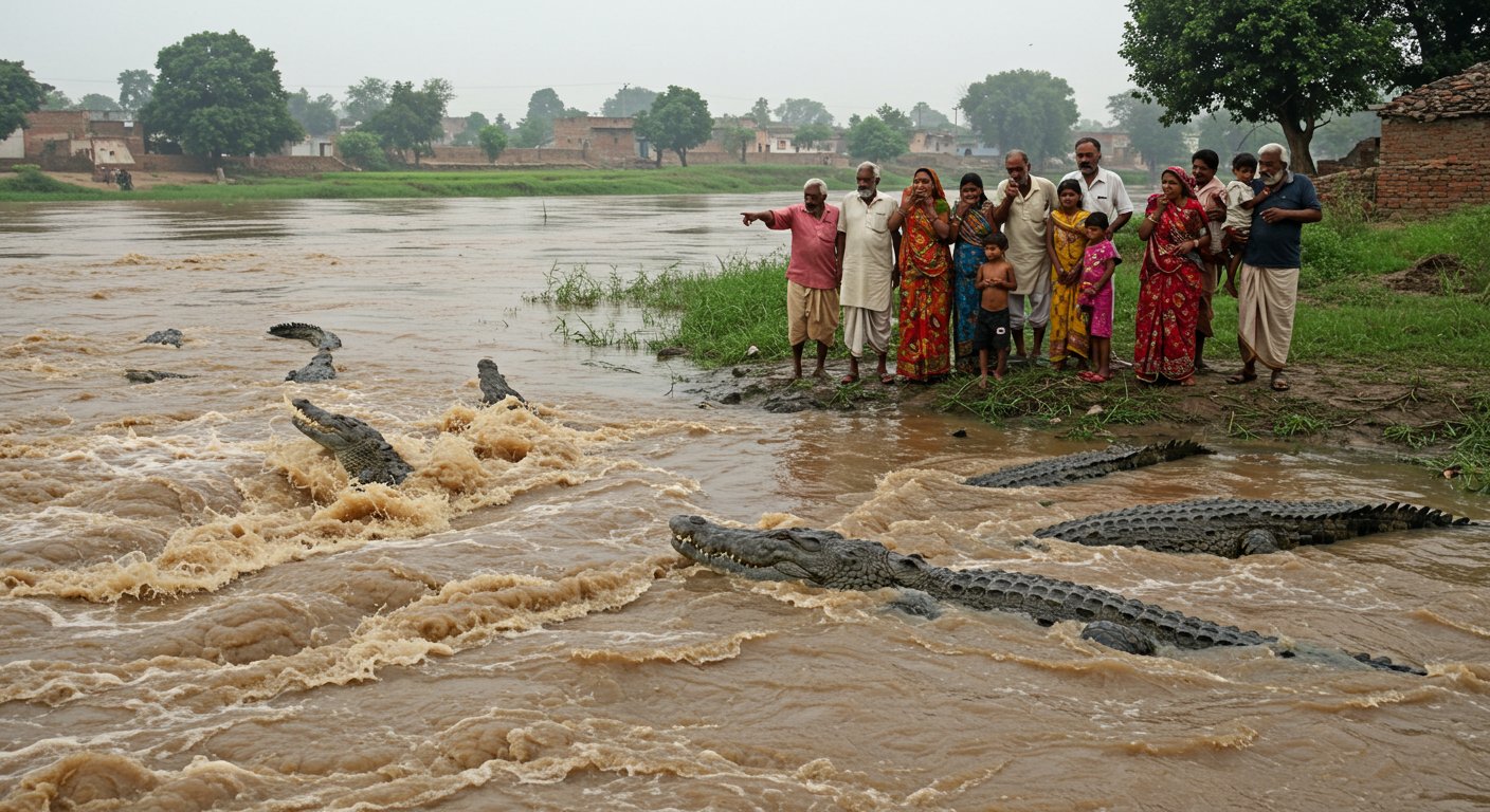 Fear in UP: Crocodiles carried by Yamuna-Chambal floods reached villages from Etawah to Bah!