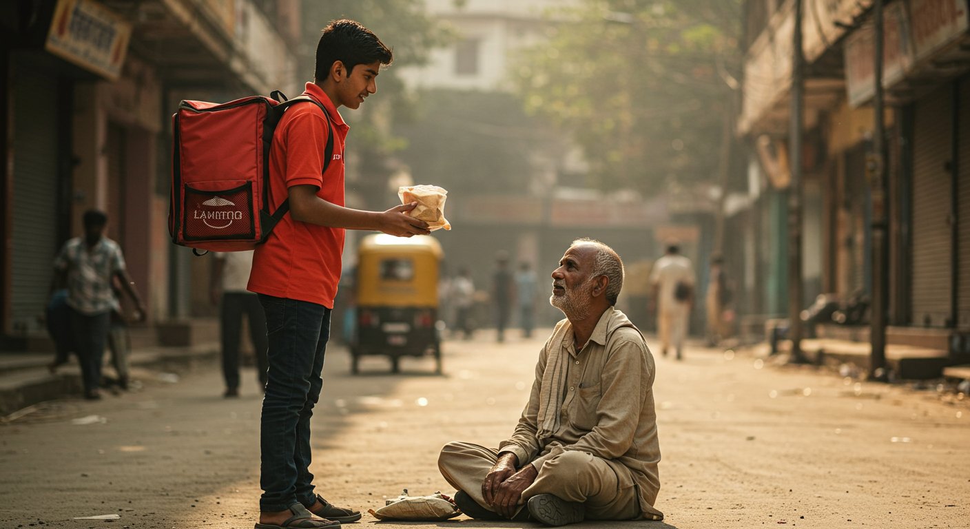 डिलीवरी बॉय पहुंचा खाना देने, ग्राहक निकला सड़क पर बैठा भिखारी: दिल छू लेने वाला वीडियो हुआ वायरल!