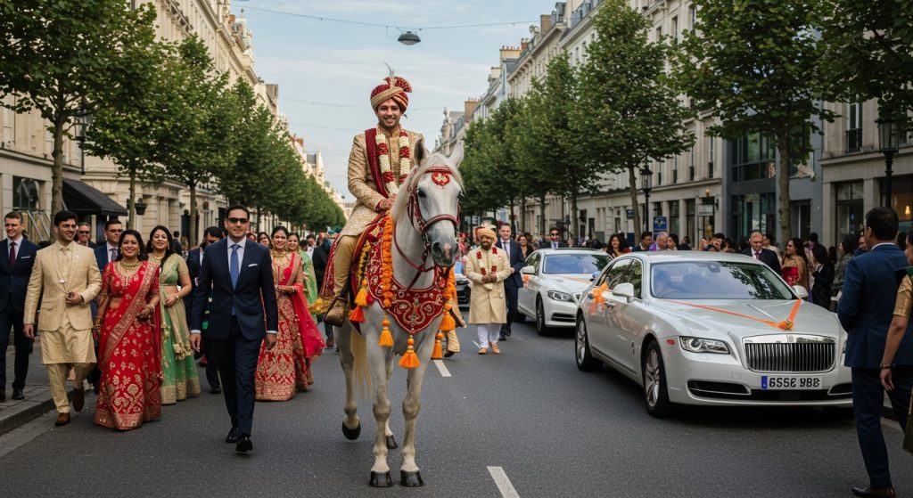 Indian Wedding Spectacle Abroad: Groom Arrives on Horseback, Followed by a Convoy of Luxury Cars; Video Goes Viral