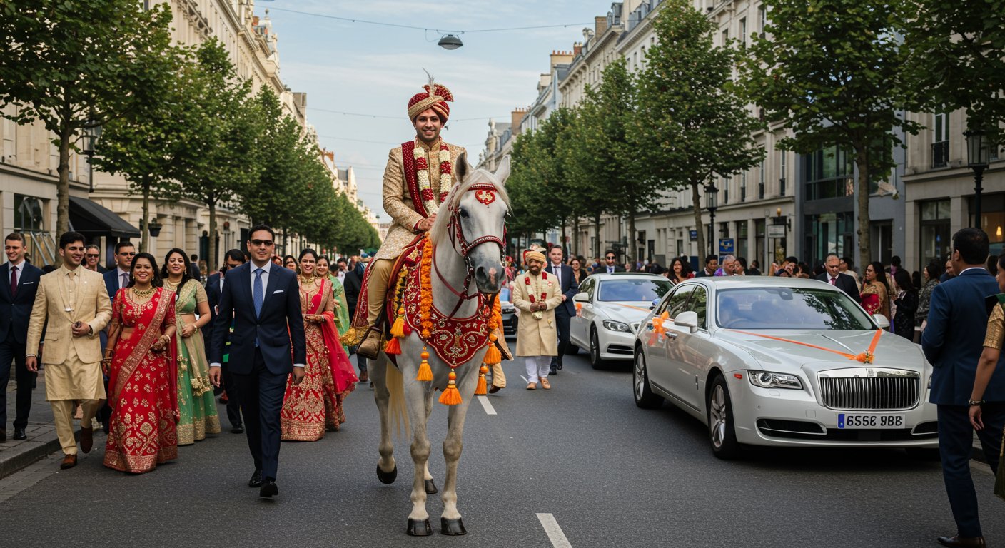 Indian Wedding Spectacle Abroad: Groom Arrives on Horseback, Followed by a Convoy of Luxury Cars; Video Goes Viral