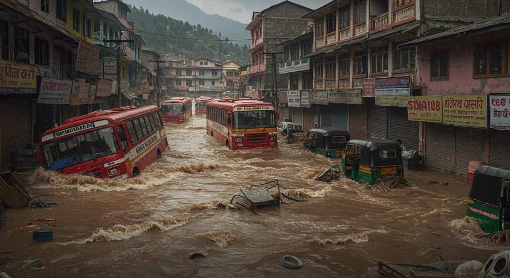 Catastrophic Rain in Mandi: Dharampur Market and Bus Stand Submerged in 10 Feet of Water, Government Buses and Vehicles Swept Away