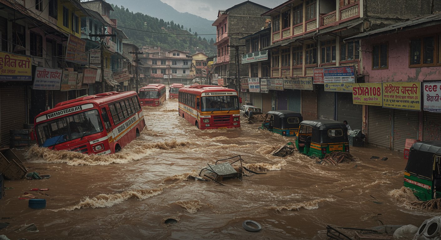 Catastrophic Rain in Mandi: Dharampur Market and Bus Stand Submerged in 10 Feet of Water, Government Buses and Vehicles Swept Away