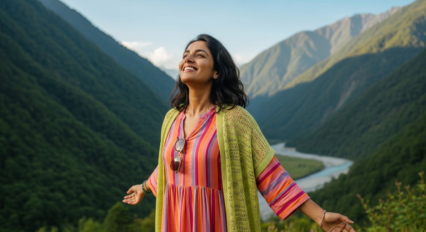 Devoleena spotted in picturesque valleys, conveyed a message of mental peace saying 'the heart is still young'.
