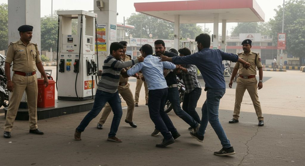 Eta: Enraged goons chase and severely beat petrol pump owner for refusing fuel over helmet rule; police remain silent spectators.