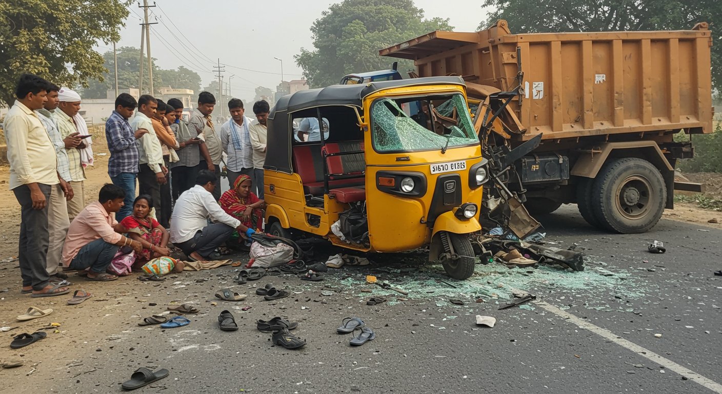 इटावा में भीषण सड़क हादसा: ओवरलोड ऑटो डंपर से टकराया, सास-बहू की दर्दनाक मौत, छह घायल; चालक फरार