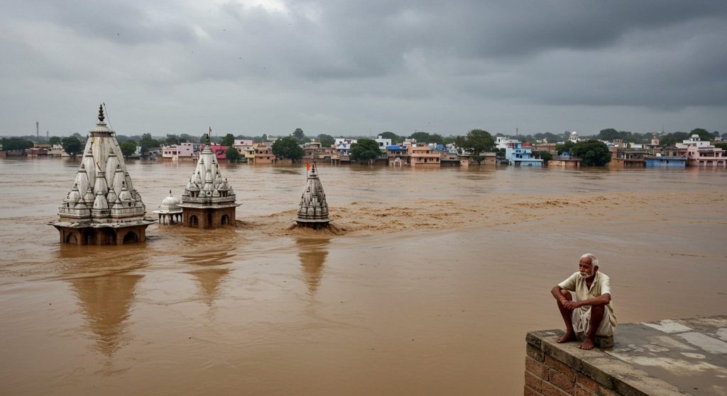 Devastating Floods in Mathura: Ghats Submerged by Raging Yamuna, Colonies Turn into Ponds, 36 Villages Isolated; Farmer Suffers Heart Attack Witnessing Ruin