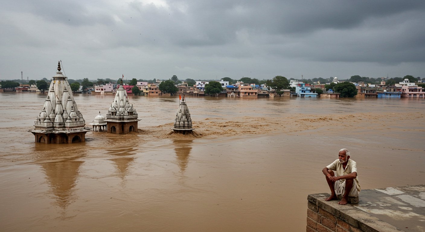 Devastating Floods in Mathura: Ghats Submerged by Raging Yamuna, Colonies Turn into Ponds, 36 Villages Isolated; Farmer Suffers Heart Attack Witnessing Ruin