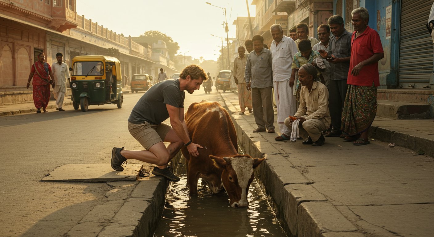 भारत घूमने आया विदेशी, नाले में फंसी गाय को बचाया, जीत लिया सबका दिल