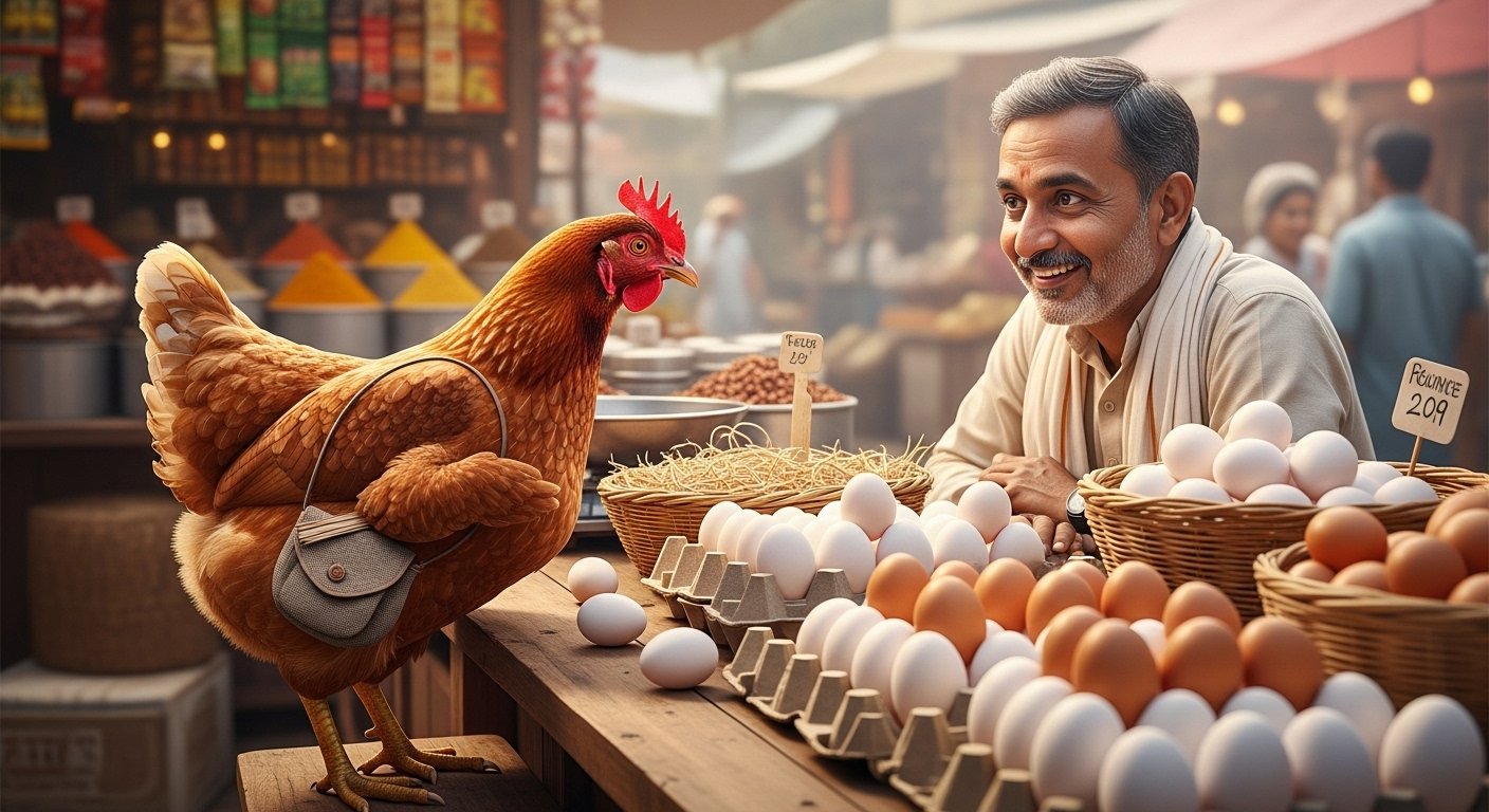 A hen went to the market to buy an egg; you won't stop laughing after hearing the shopkeeper's question!