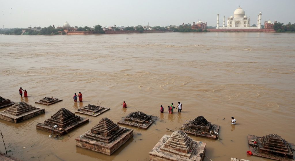 Yamuna's Raging Form: Cremation Grounds Submerged, No Place to Burn Pyres; Water Reaches Taj Mahal, Thousands Homeless