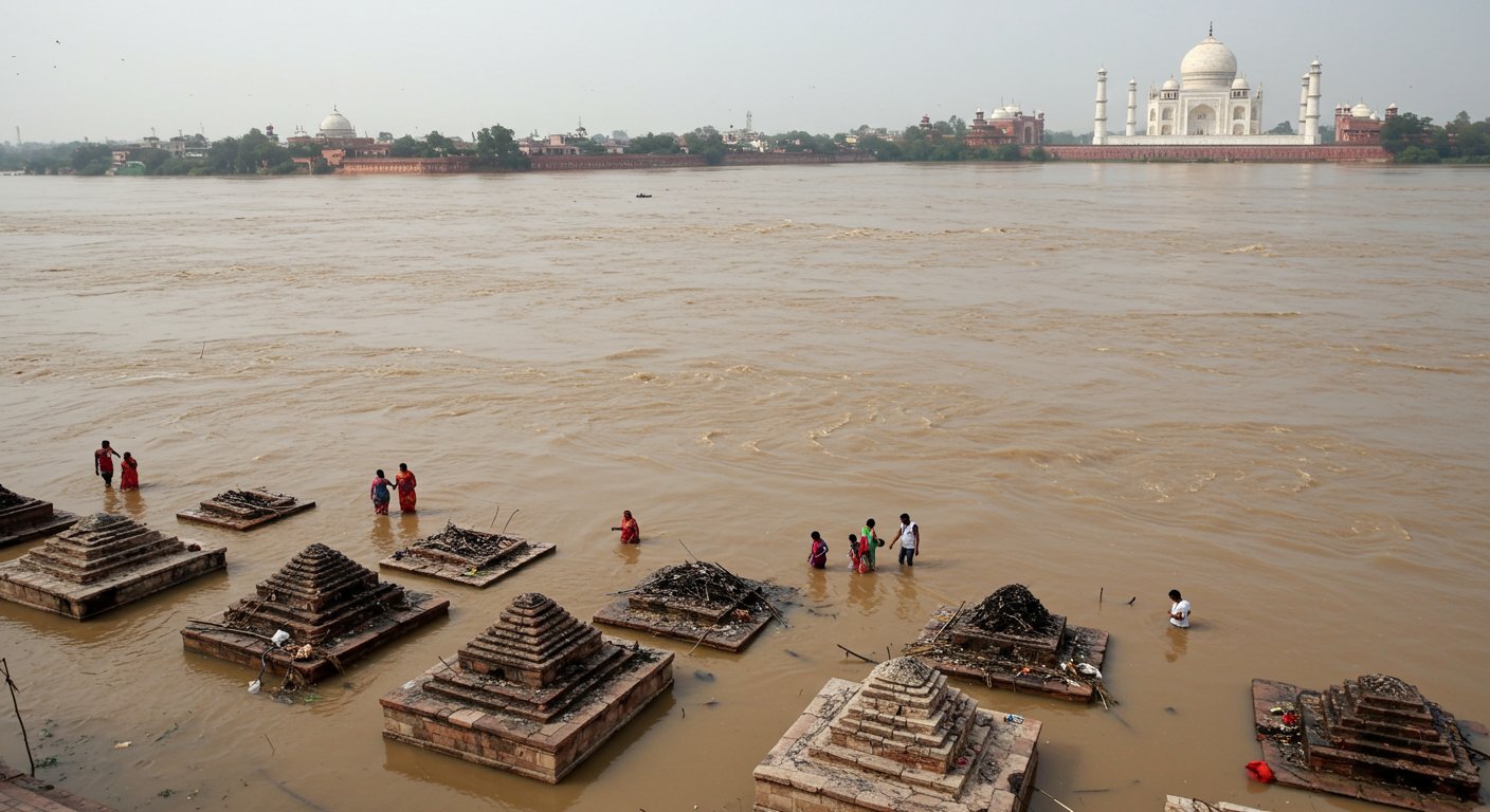 Yamuna's Raging Form: Cremation Grounds Submerged, No Place to Burn Pyres; Water Reaches Taj Mahal, Thousands Homeless