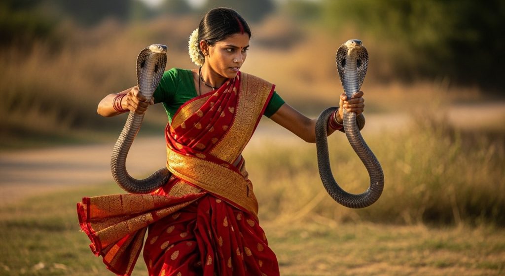 Girl in Saree Displays Courage, Catches Two Giant Snakes Simultaneously, Video Goes Viral!