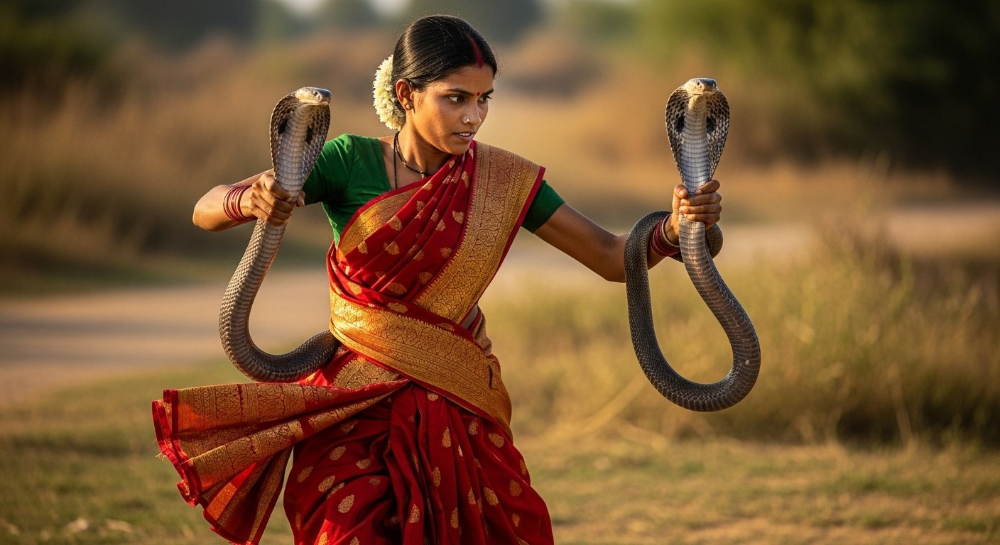 साड़ी में दिखी लड़की की हिम्मत, एक साथ दो विशाल नागों को पकड़ा, वीडियो वायरल!
