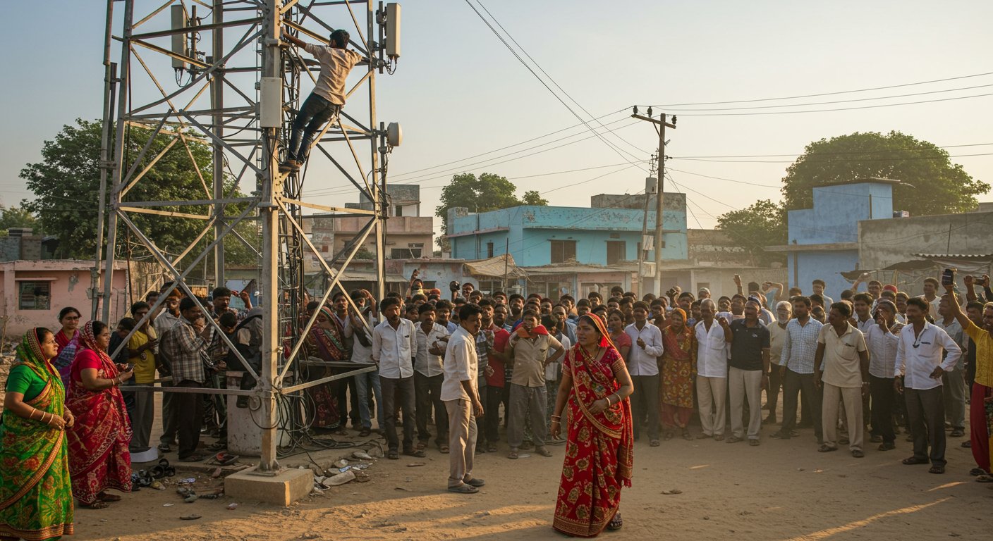 Upset by wife's scolding, husband in Hardoi climbs mobile tower, creating commotion!