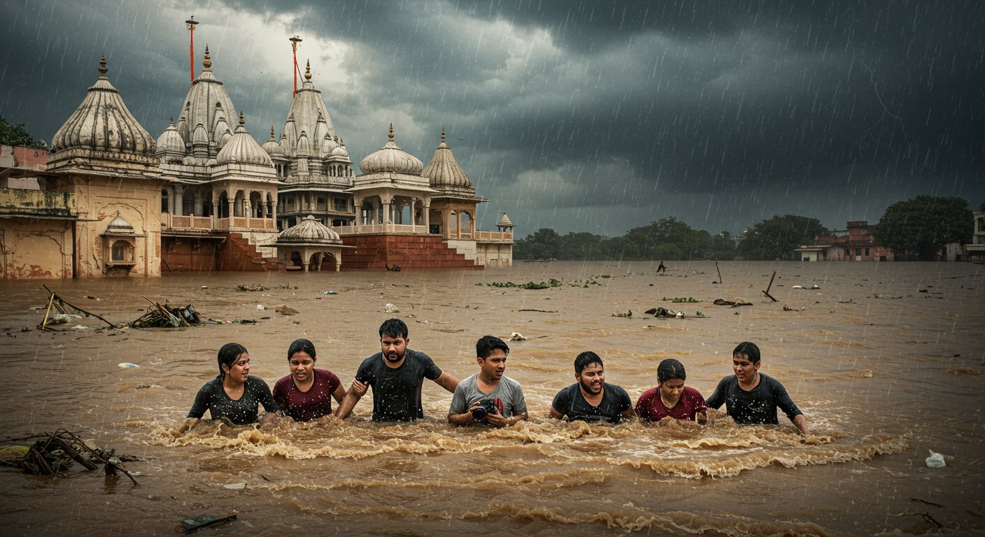 YouTuber trapped in Haryana floods, Mathura-Vrindavan submerged; heavy rain alert in several states.