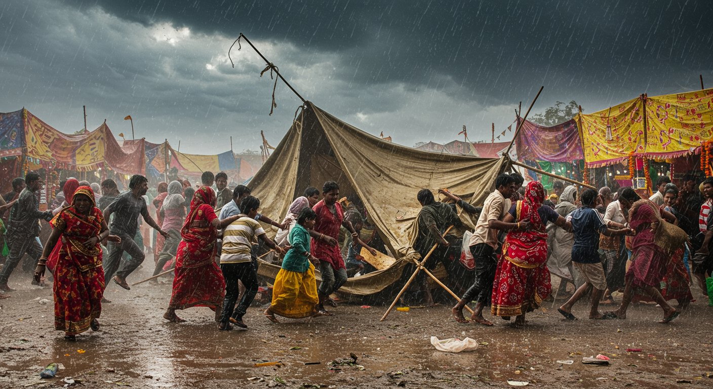 हाथरस के श्री दाऊजी महाराज मेला में आंधी-बारिश से टेंट गिरा, मची भगदड़, दो बच्चे घायल
