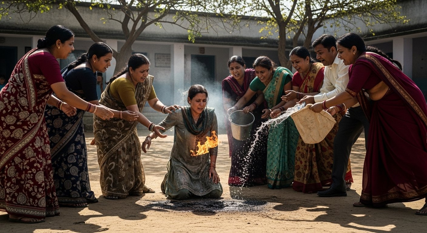 Uttar Pradesh: Shikshamitra, fed up with headmistress's torment, sets herself on fire; colleagues bravely save her life.