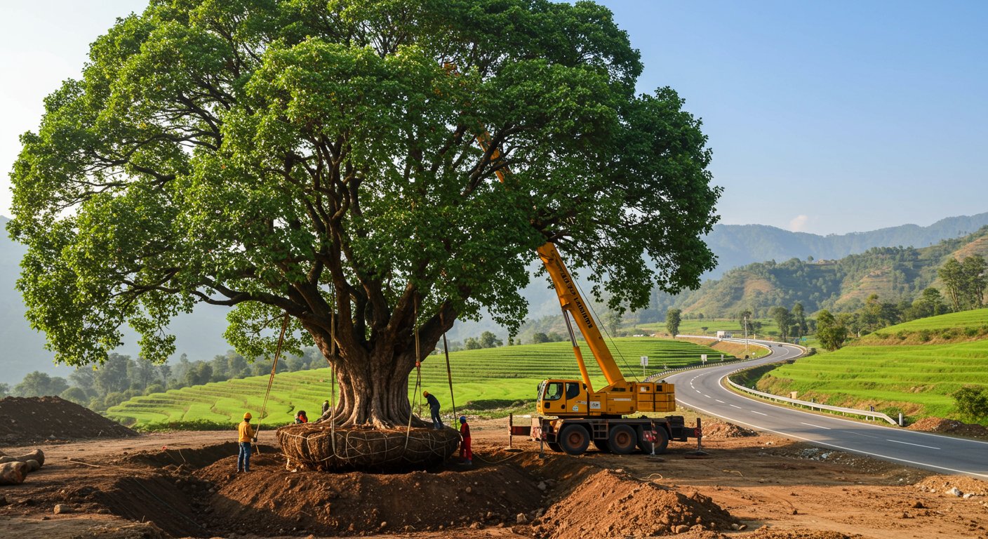 Balancing Development and Environment: Giant Peepal Tree Successfully Transplanted for Four-Lane Project in Bilaspur, Himachal
