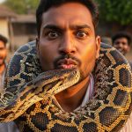 Man claiming to catch python, then a snake came to 'kiss' him! Video went viral