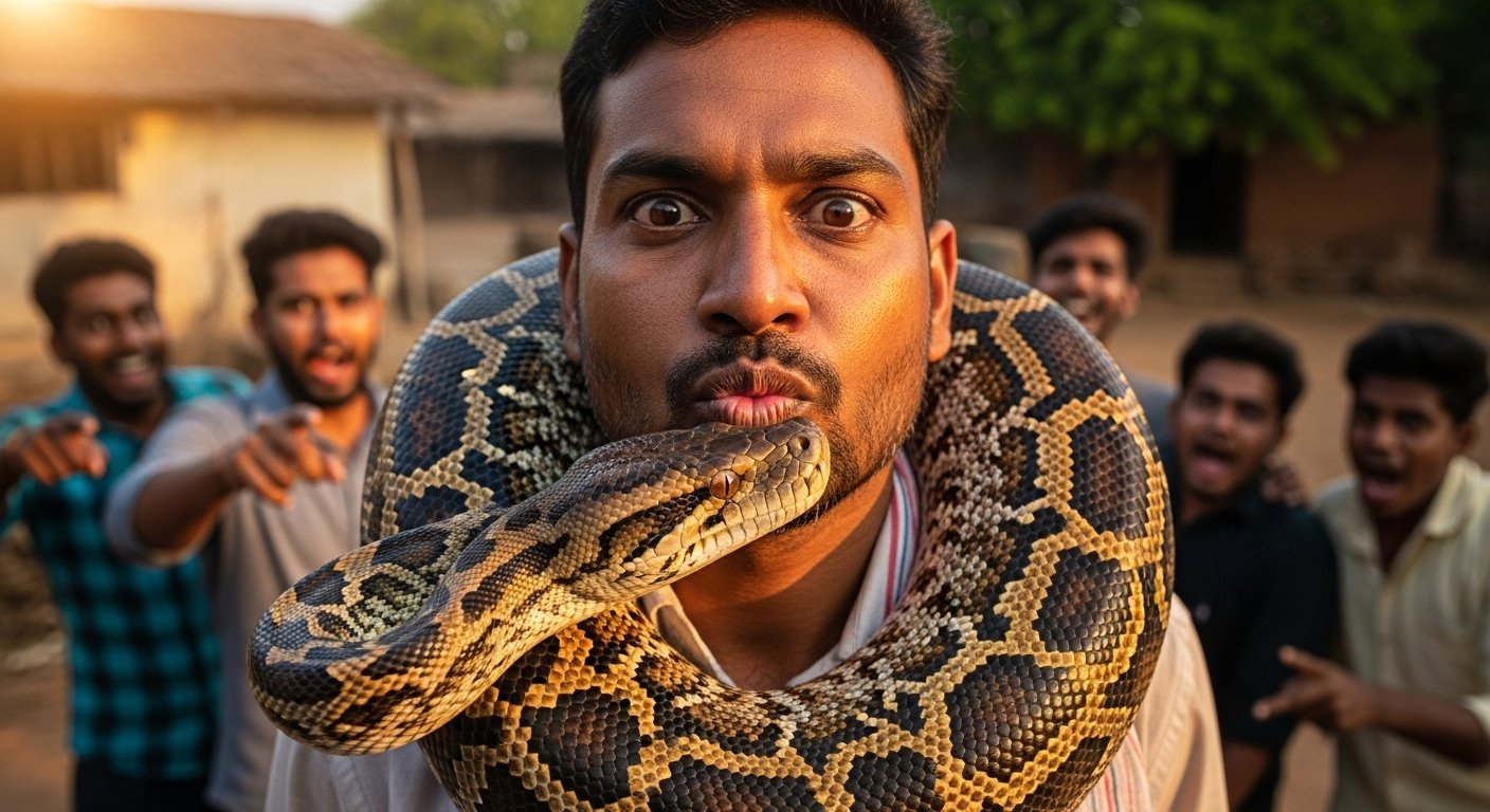 Man claiming to catch python, then a snake came to 'kiss' him! Video went viral