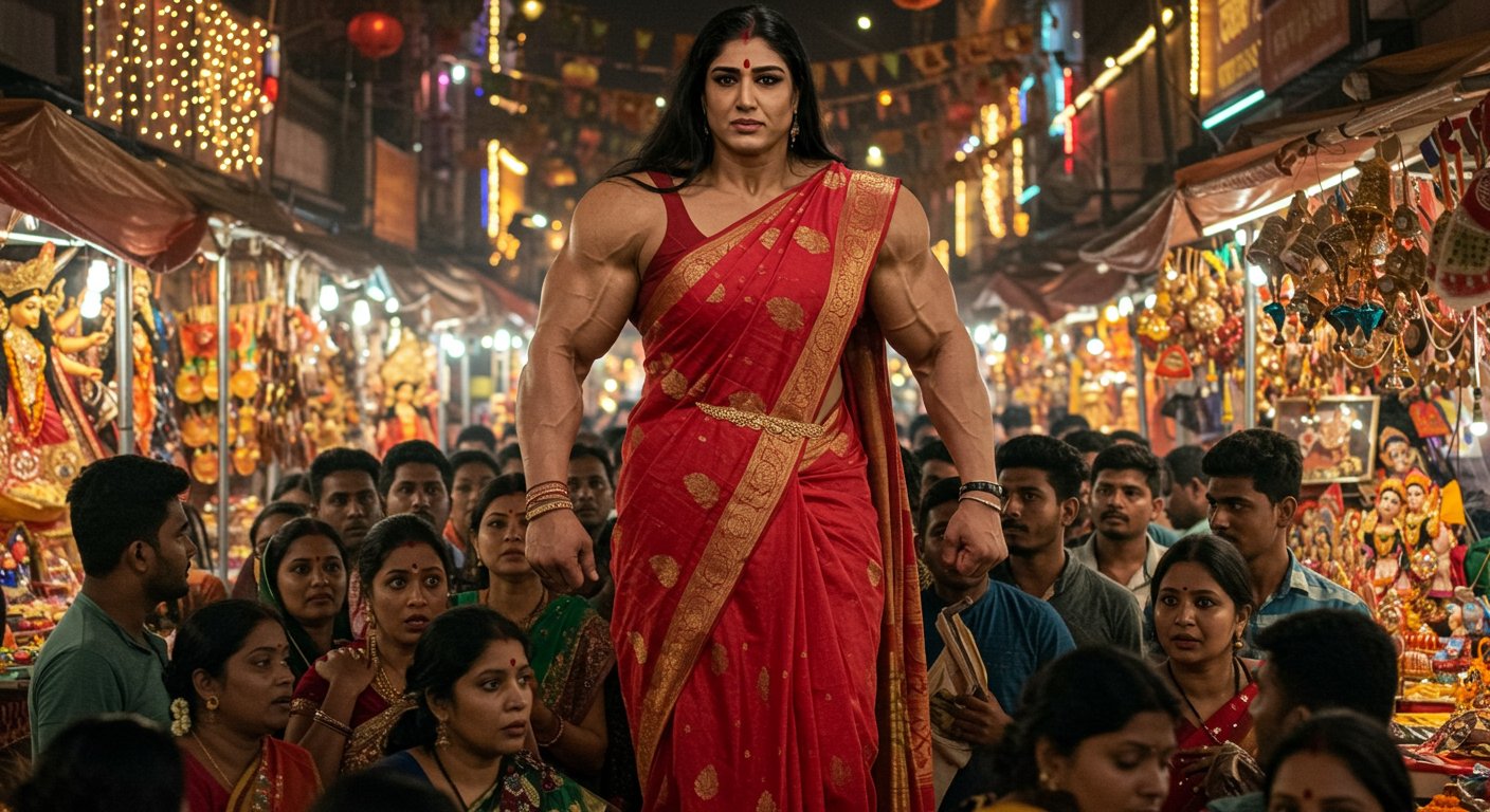 दुर्गा पूजा बाजार में निकलीं ‘लेडी खली’, देखते ही डर से कांपी औरतें, मर्दों का हुआ ये हाल!