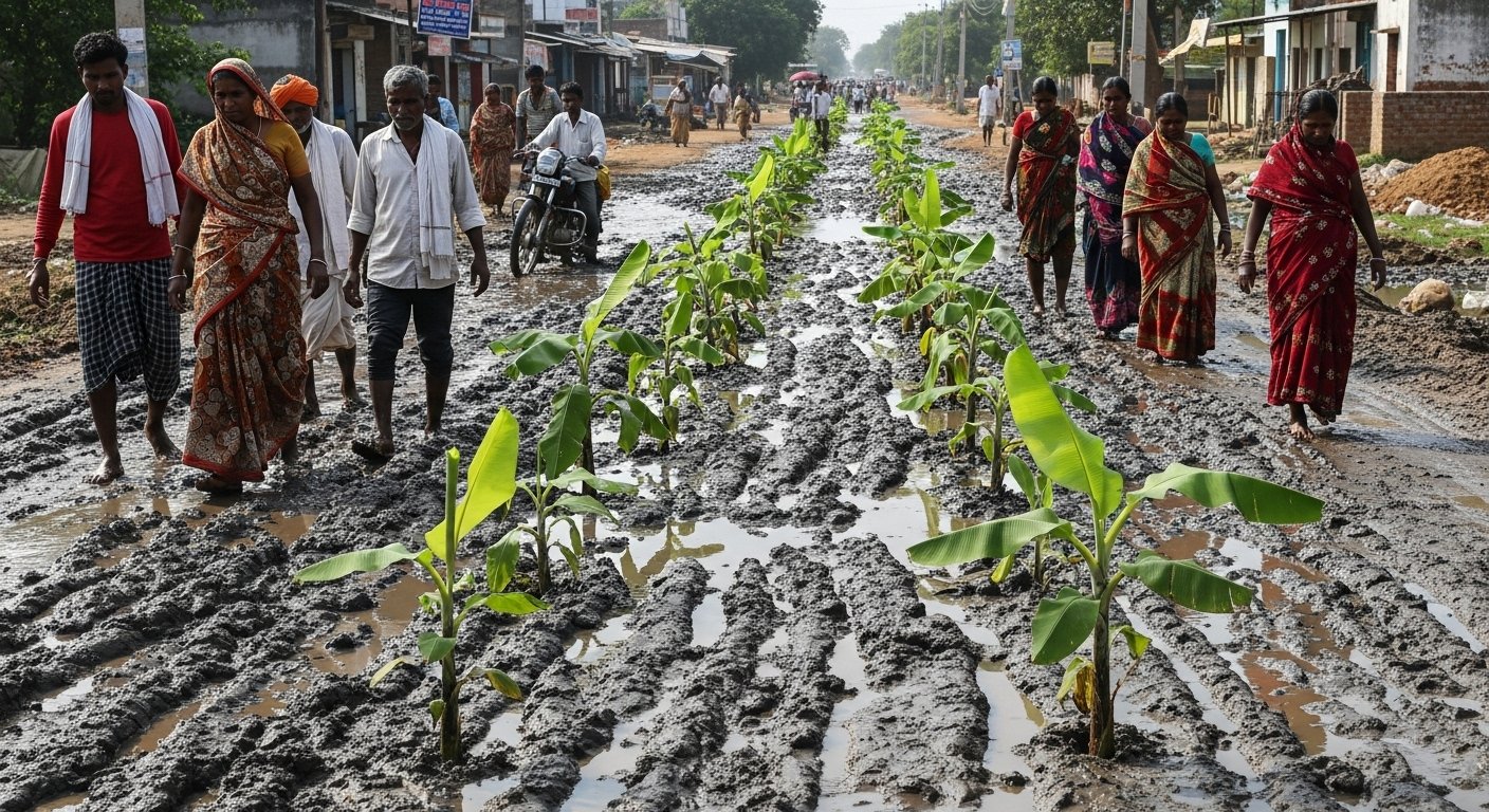 Lakhimpur Kheri: Dhaurahra's Main Road Turns into a Quagmire, People Stage Unique Protest by Planting Banana Saplings