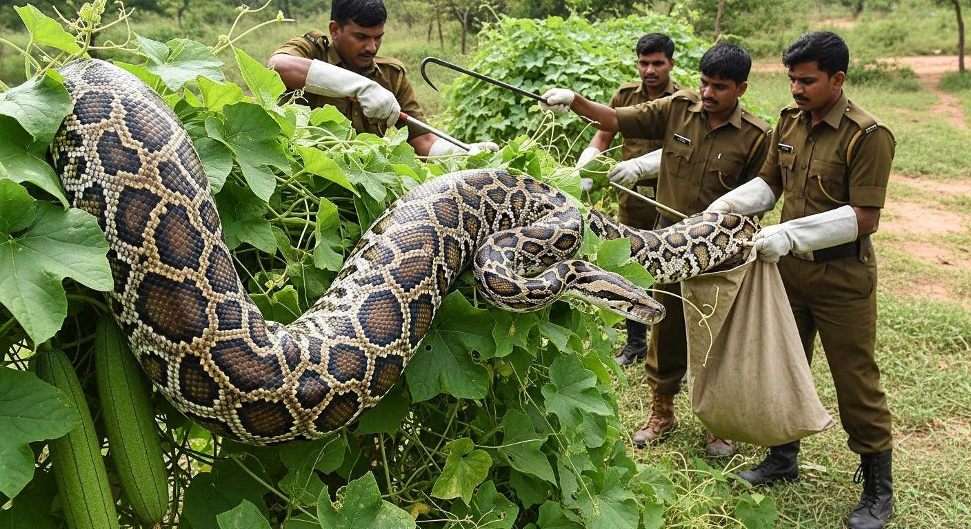 Lakhimpur Kheri: 15-Foot Python Found Coiled on Sponge Gourd Plant, Forest Department Safely Captures It; Video Goes Viral