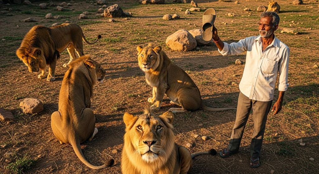 Viral Video: Ferocious Lions Are Terrified of a Man's Single Slipper, He Scolds Them Like a Mother!