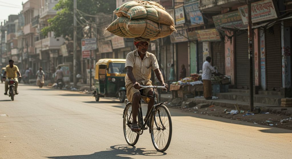 Man riding bicycle hands-free with heavy load on head! Video goes viral, people stunned.