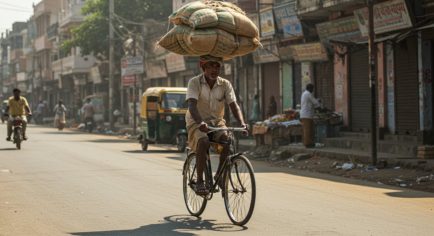 Man riding bicycle hands-free with heavy load on head! Video goes viral, people stunned.