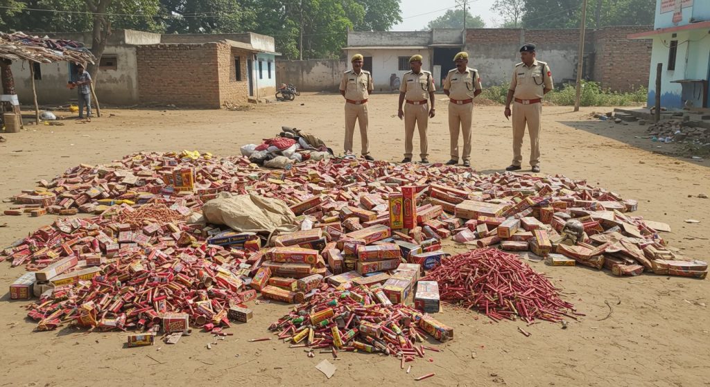 Lucknow: Huge quantities of firecrackers found for third day in Behta village, destroyed by police.