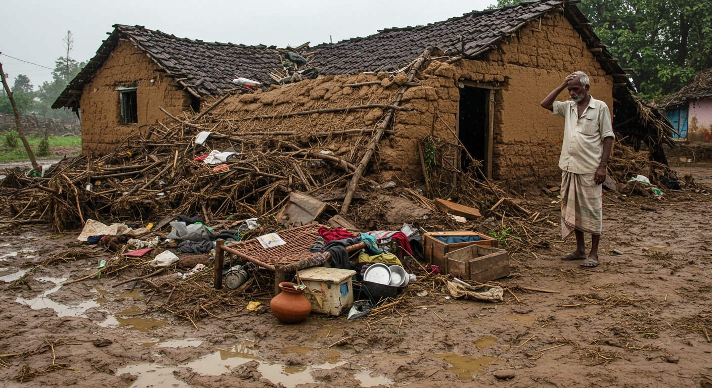 Lucknow: Poor Laborer's Mud House Collapses in Torrential Rain; Lives Saved Just in Time, But Everything Ruined.