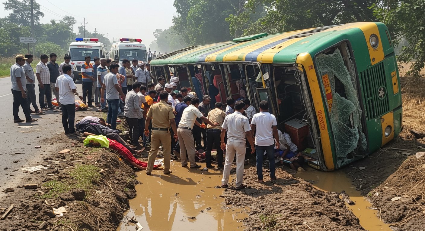 Lucknow: Out-of-Control Roadways Bus Overturns in Ditch, Three Dead, Many Passengers Trapped; Chaos Erupts