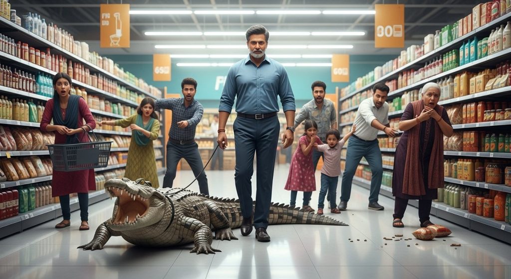 Man brings pet crocodile to supermarket, people tremble with fear.