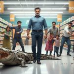 Man brings pet crocodile to supermarket, people tremble with fear.