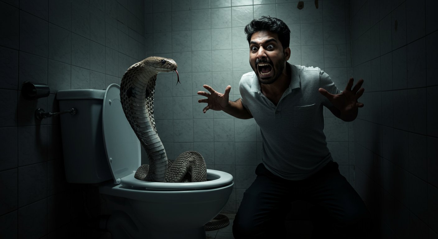Terrifying snake hidden in toilet at midnight; man screams on seeing it.