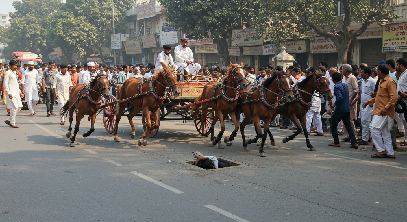 Moradabad's Horrifying Video: Buggy Snapped During Procession, Runaway Horses Plunged Into Drain, Hours-Long Rescue Followed