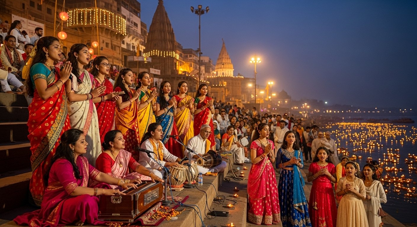 नवरात्रि विशेष: अस्सी घाट पर महिलाओं और छात्राओं ने दिखाया संगीत का जादू, भजन संध्या प्रतियोगिता में गूंजे भक्तिमय सुर
