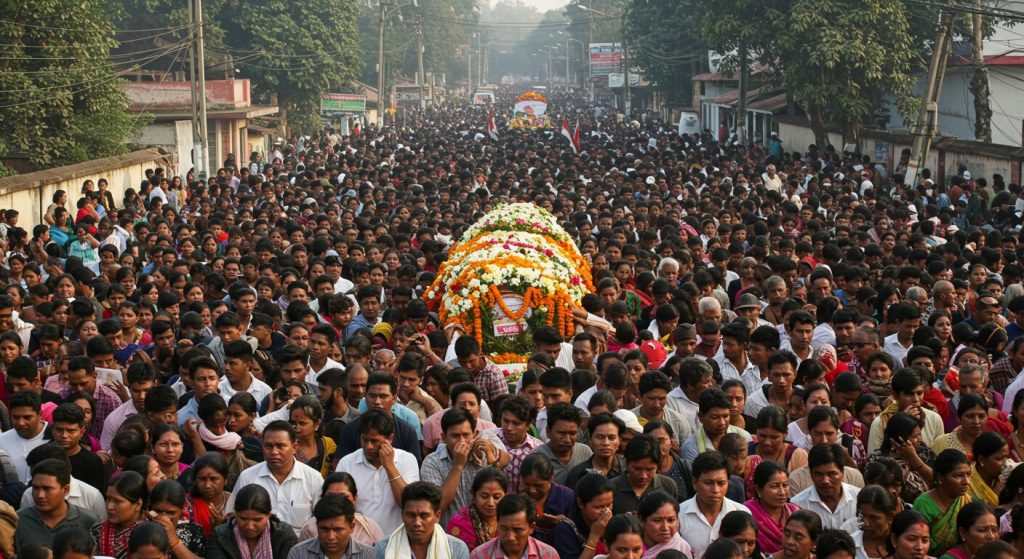 Popular Assamese singer Jubin Garg given tearful final farewell, massive crowd gathers.