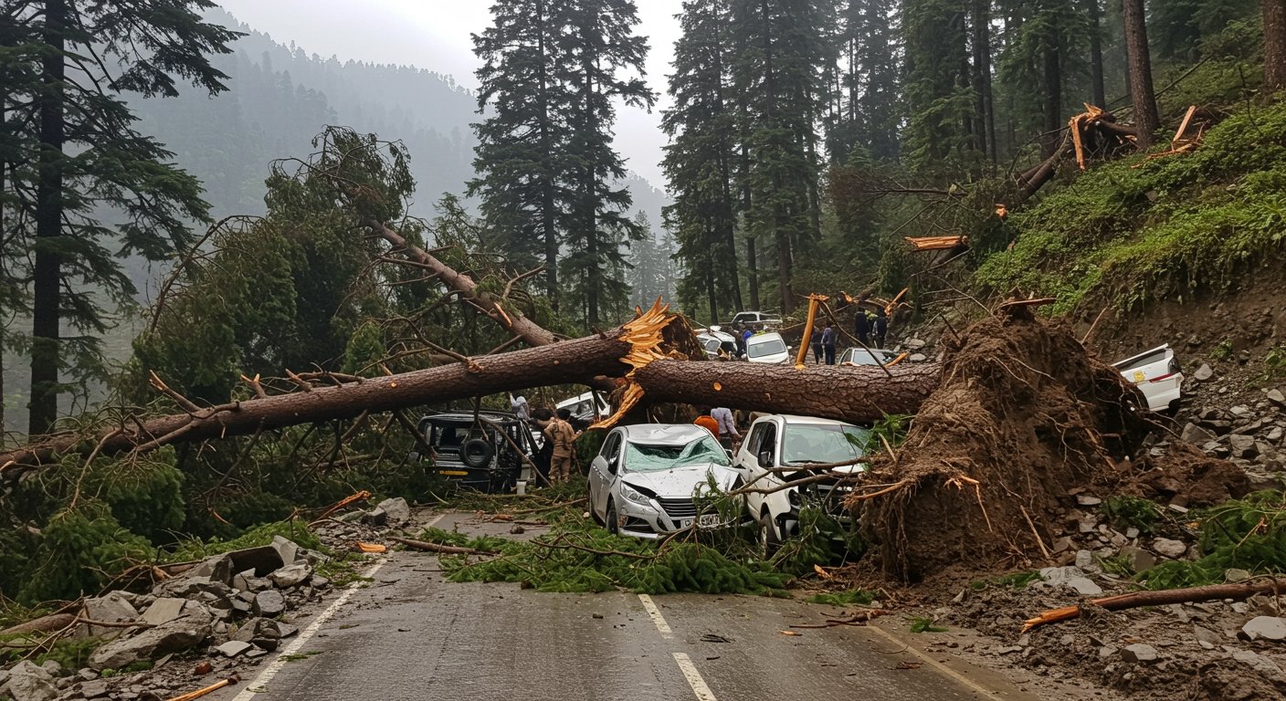 People Risking Lives in Shimla: Falling Trees Damage Several Vehicles; 2 Bodies Found in Kullu, CM Surveys Devastation in Manali