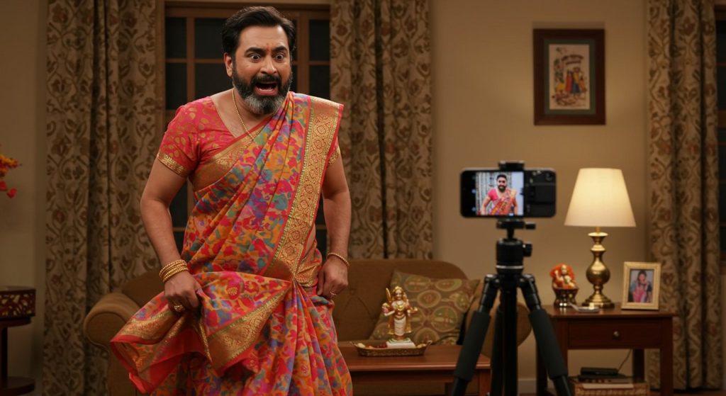 Man grooves in wife's dress, gets utterly embarrassed on camera and flees!