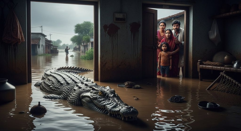 Floods Worsen Panic in Pilibhit: Crocodile Enters House in Daulapur, Spotted on Road in Bisalpur, Villages in Terror