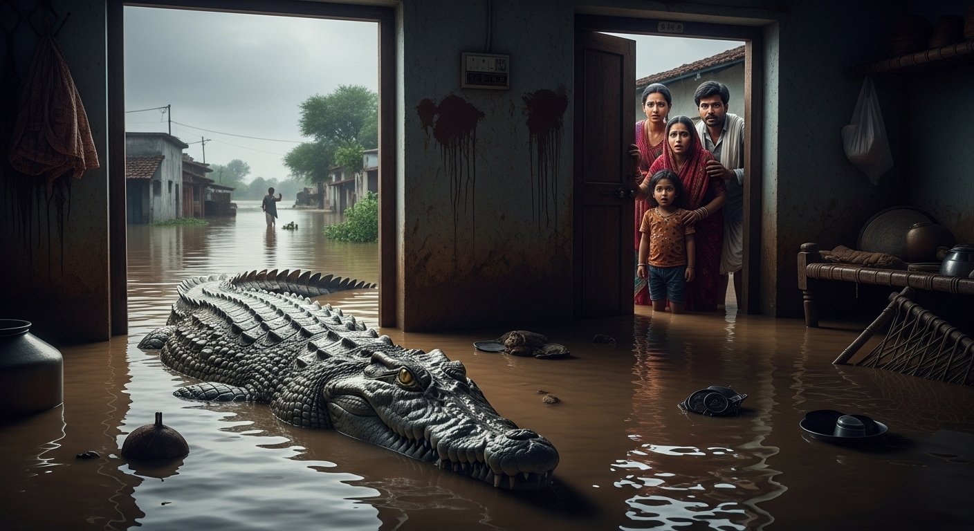 Floods Worsen Panic in Pilibhit: Crocodile Enters House in Daulapur, Spotted on Road in Bisalpur, Villages in Terror