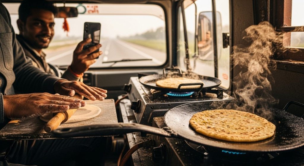 Piping Hot Potato Parathas Cooked in Moving Truck! Driver's Video Goes Viral, People Call It 'Desi Jugaad'.